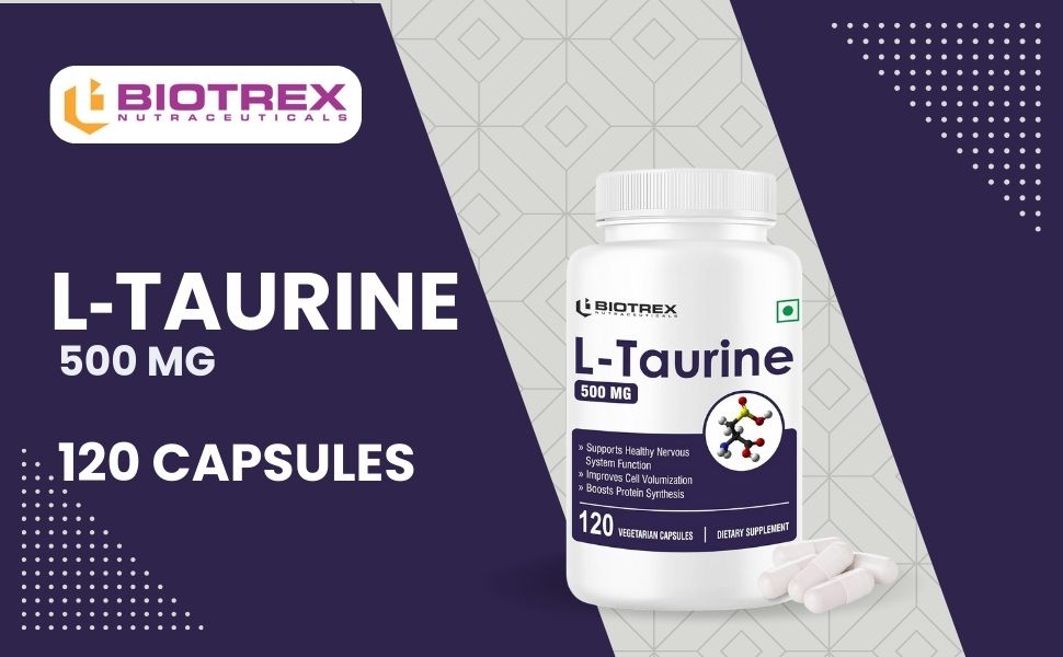 Biotrex Nutraceuticals L-Taurine 500mg Supplement, Energy, Heart, Brain & Eye Health Support, Cardiovascular system, 120 Vegetarian Capsules