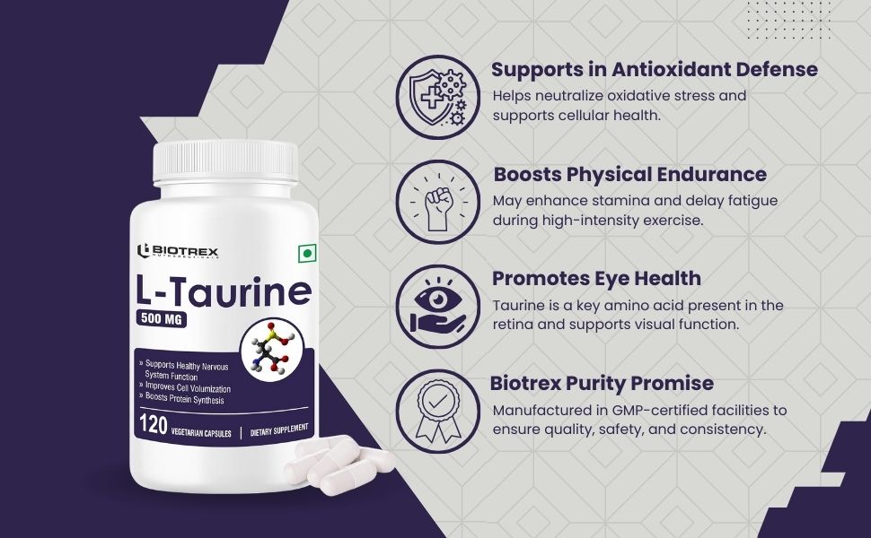 Biotrex Nutraceuticals L-Taurine 500mg Supplement, Energy, Heart, Brain & Eye Health Support, Cardiovascular system, 120 Vegetarian Capsules