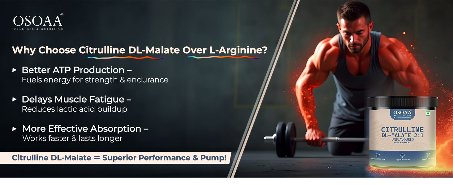 OSOAA Pure Citrulline Malate 2:1 Supplement Powder - 100g, Unflavoured | Boosts Nitric Oxide, Pre Workout Amino Acid for Muscle Strength & Endurance