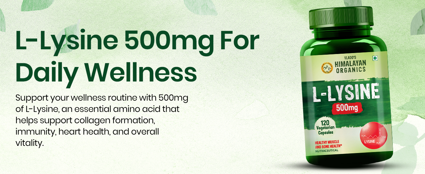 Vlado’s Himalayan Organics L-Lysine 500mg Essential Amino Acid Supplement For Men And Women | Supports Membrane Health | Support Immune System | Endurance Improvement & Weight Loss - 120 Veg Capsules