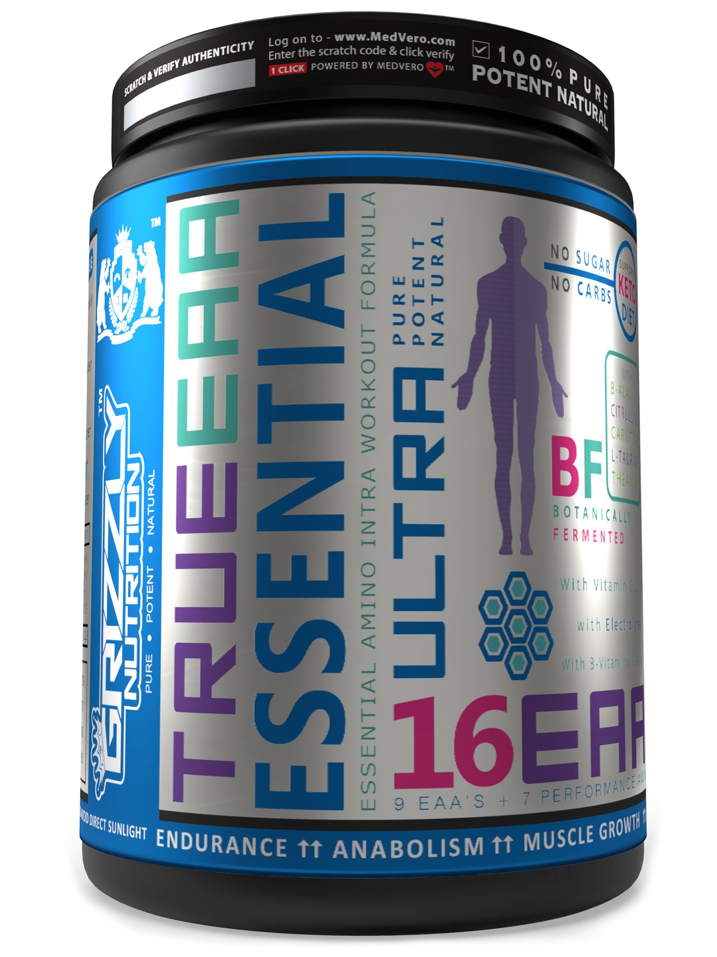 Grizzly Nutrition Total 16 EAAs, 450g + 30g Energy Caffeine Pack | EAA & BCAA Blend with Citrulline, Taurine & Performance Boosters | Platinum Grade | Kiwi Crush