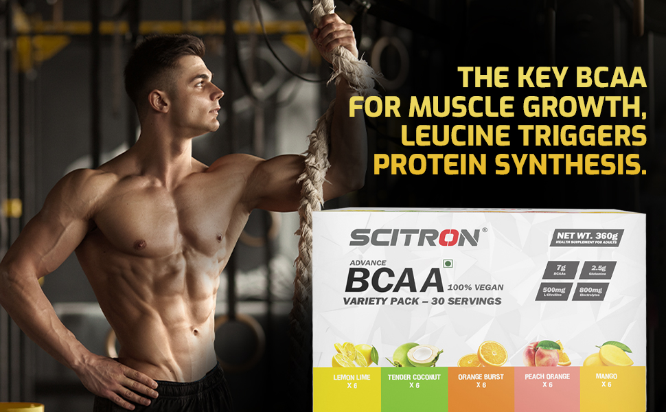 Scitron Advanced 100% VEGAN BCAA Variety Pack | Build Lean Muscle, Recover Faster | 5 Flavours Variety Box – 30 Servings (6 Single Servings of each flavour - Lemon Lime, Tender Coconut, Orange Burst, Peach Orange, Mango)