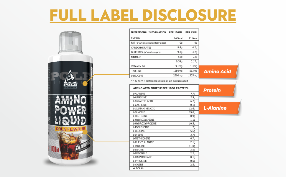 Pole Nutrition Amino Power Liquid Cola Flavour 1000ml - Premium Amino Acid Supplement for Enhanced Performance and Recovery