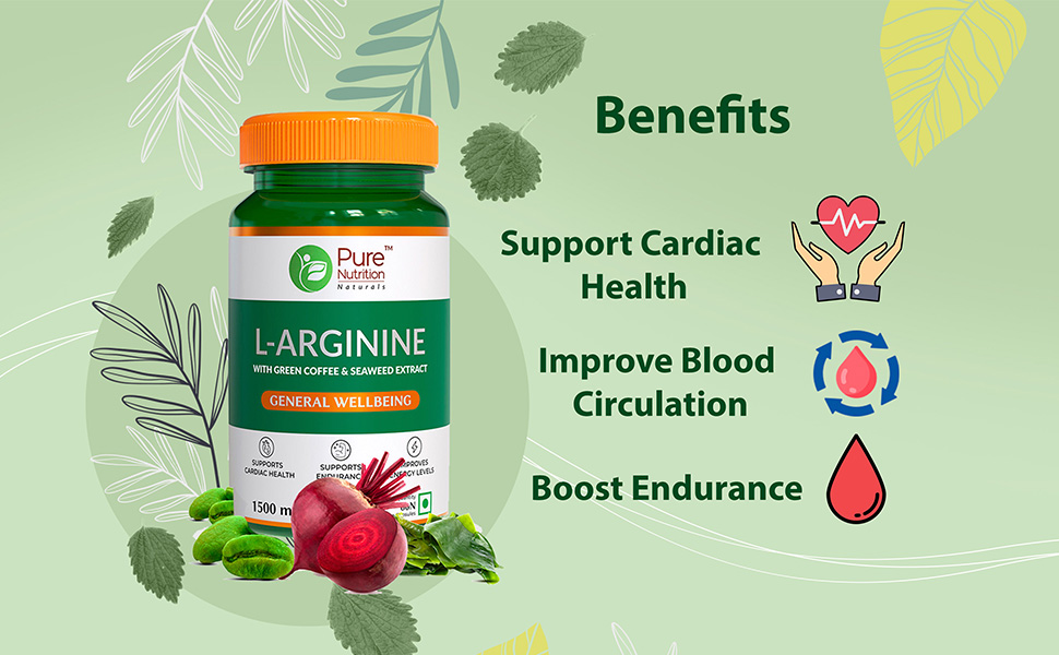 Pure Nutrition L Arginine Capsules 1500 mg | L-Arginines Supplements For Man | L Arginine L Citrulline Combo Improves Oxygen Flow with Caffeine & Beetroot Extract | Energy & Endurance Supplement for Men & Women - 60 Veg Capsules