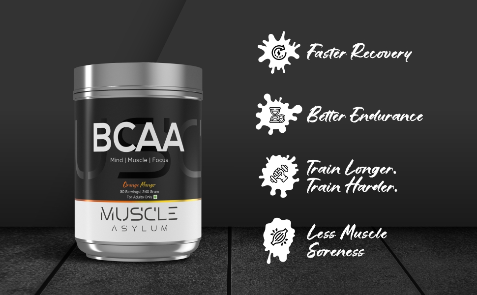 Muscle Asylum BCAA Powder | Muscle Recovery, Energy & Focus Support | Essential Amino Acids for Workout Performance (30 Servings 240g, Fruit Punch)