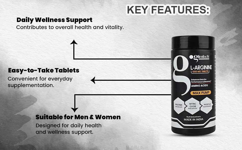 GLIMLACH L Arginine 1500mg Tablets | Dietary Supplement for Men and Women | High-Potency Amino Acid | Easy-to-Take Tablets for Daily Health, Nutrition, Energy, and Wellness | 120 Tablets