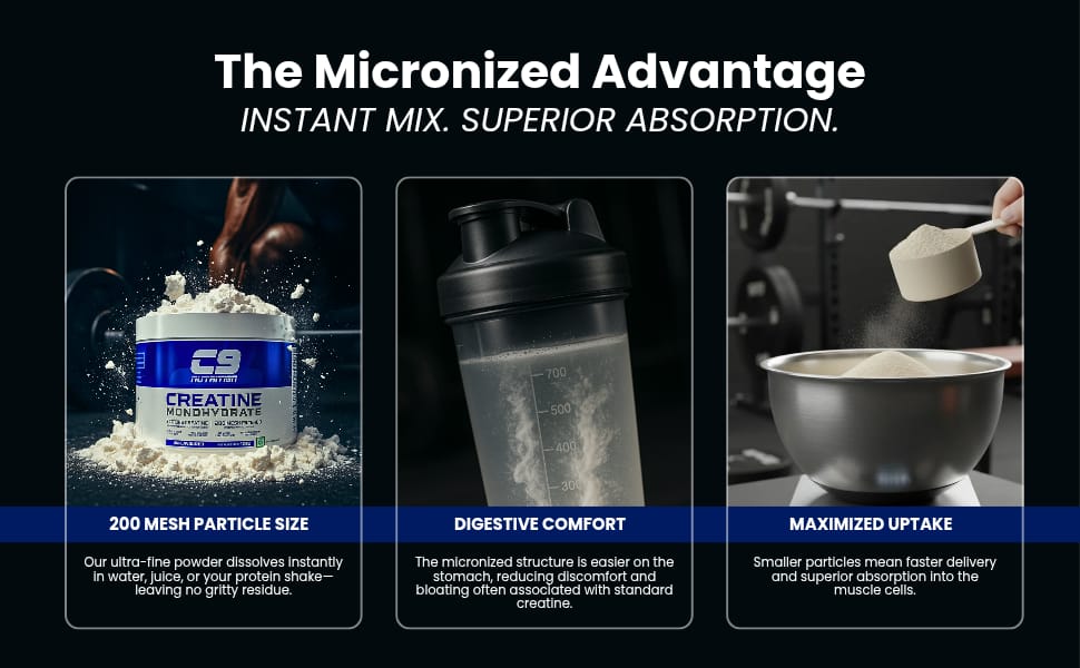 C9 Nutrition Micronized Creatine Monohydrate | 3000mg Ultra-Pure 200 Mesh Filtered Creatine Powder | Boost Strength, Power & Muscle Recovery | Zero Sugar | Blueberry Flavour | 100gm for Men & Women, 33 Servings (100gm, Blueberry)