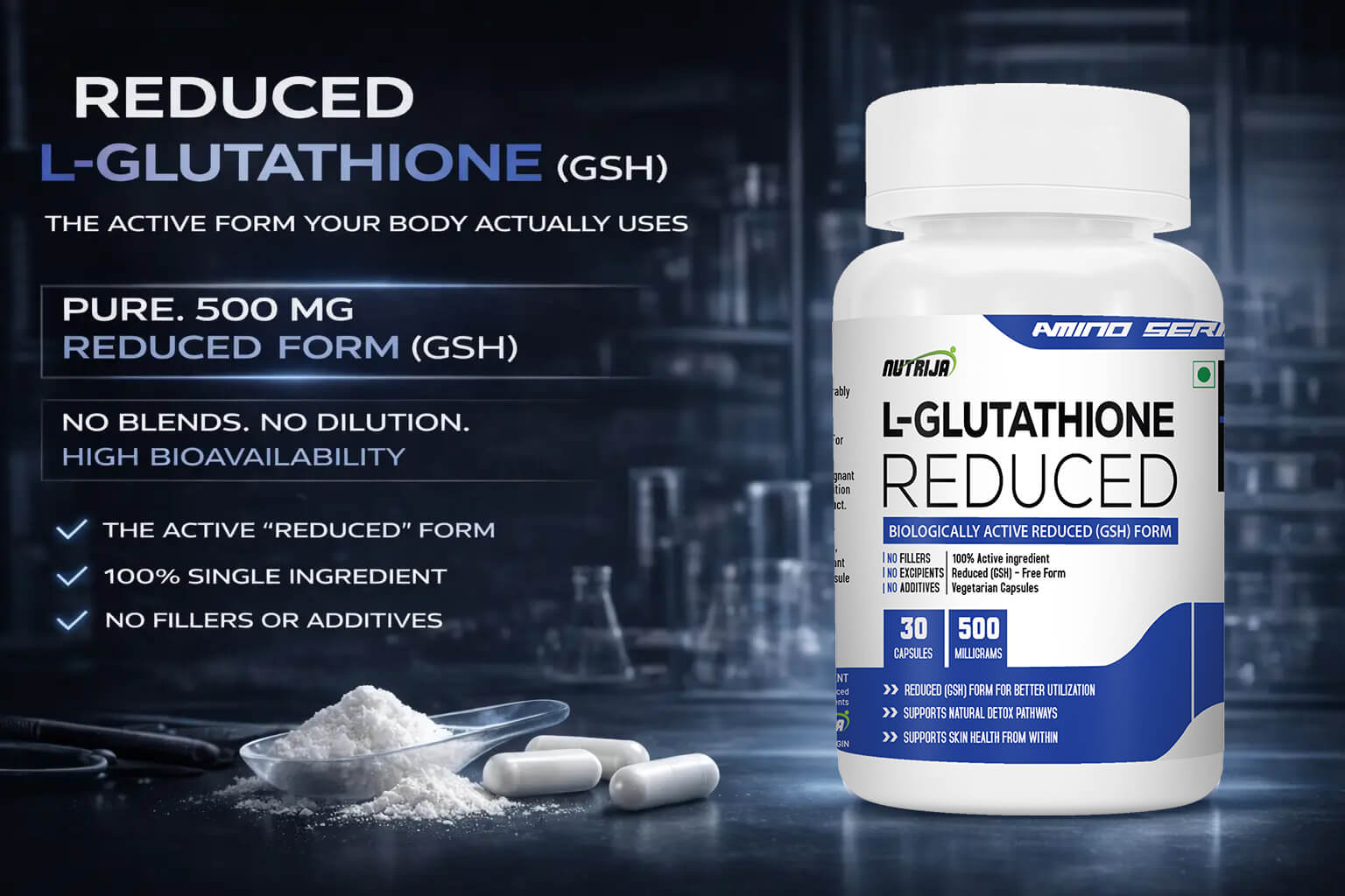 NutriJa L-Glutathione Reduced 500mg, 90 Veg Capsules | Single Ingredient Reduced GSH for Antioxidant Support and Healthy Looking Skin Glow | No Fillers No Excipients No Additives