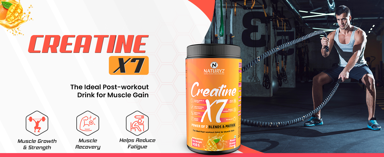 NATURYZ Creatine X7 Pure Micronized Creatine Monohydrate Post Workout drink | Rapid Absorption with Aminos | BCAA | ATP Transport Matrix | Muscle Growth & Strength | Power of 7 Blends | Muscle Builder- 450g(Mango Orange)
