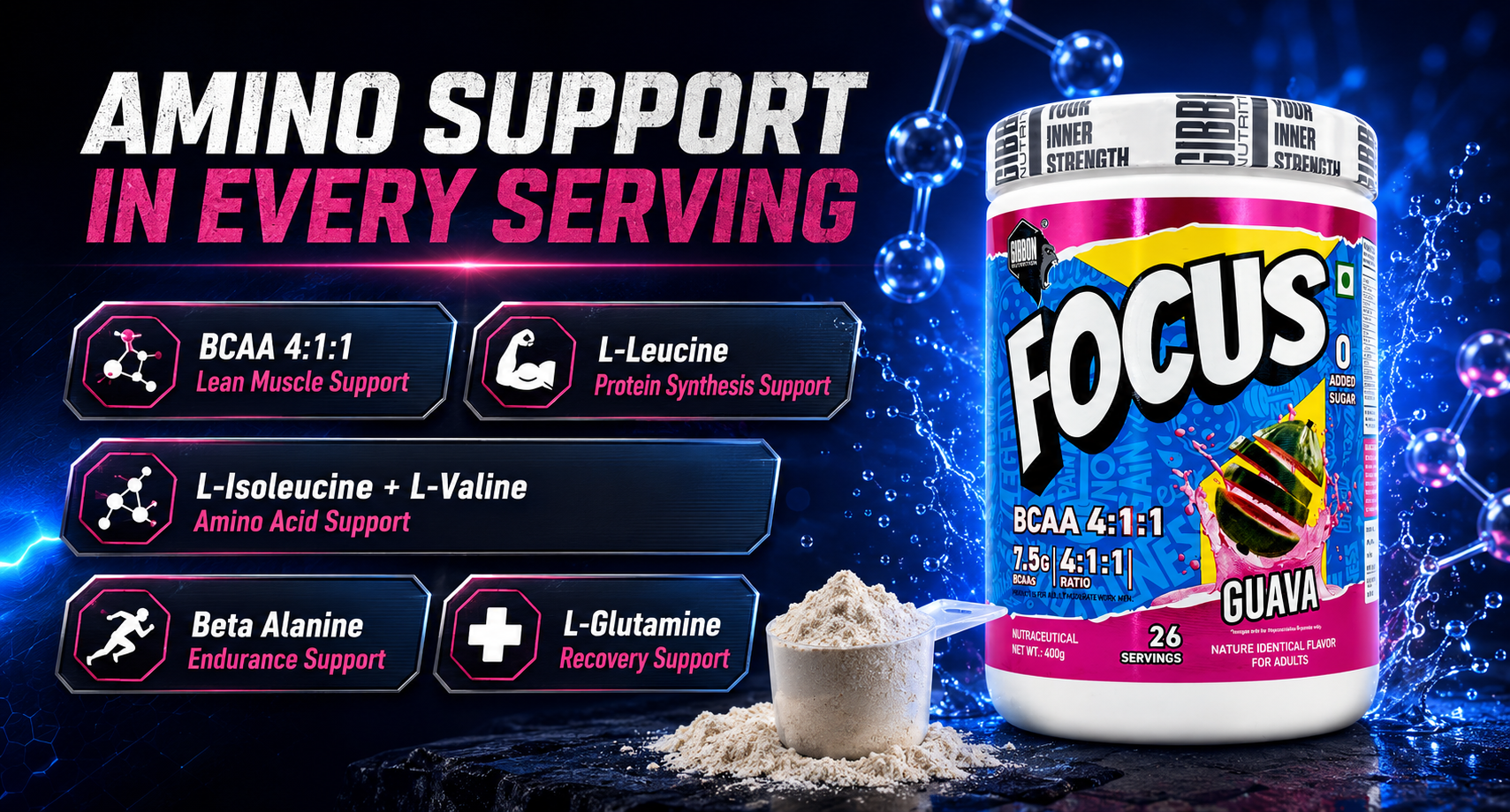GIBBON Focus BCAA 4:1:1 Powder with Beta Alanine & L-Glutamine | Advanced Muscle Recovery & Endurance Support | Amino Acid Supplement for Lean Muscle & Performance | 400g | 26 Servings (400 Gm, Guava)