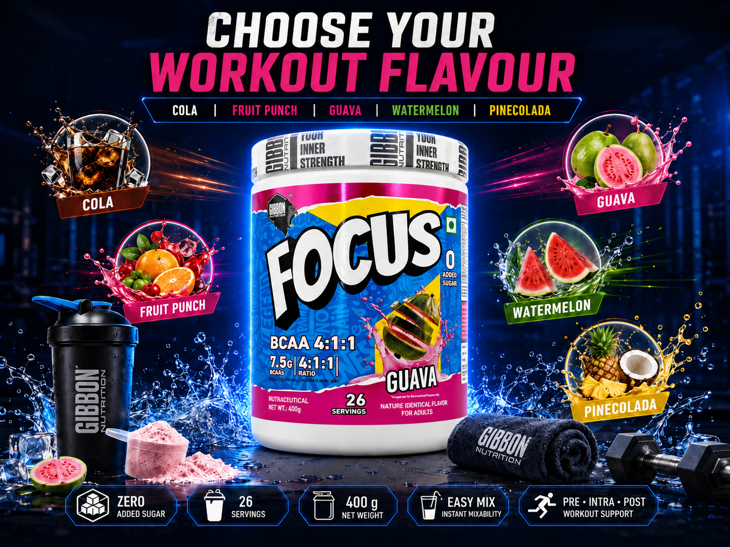 GIBBON Focus BCAA 4:1:1 Powder with Beta Alanine & L-Glutamine | Advanced Muscle Recovery & Endurance Support | Amino Acid Supplement for Lean Muscle & Performance | 400g | 26 Servings (400 Gm, Guava)