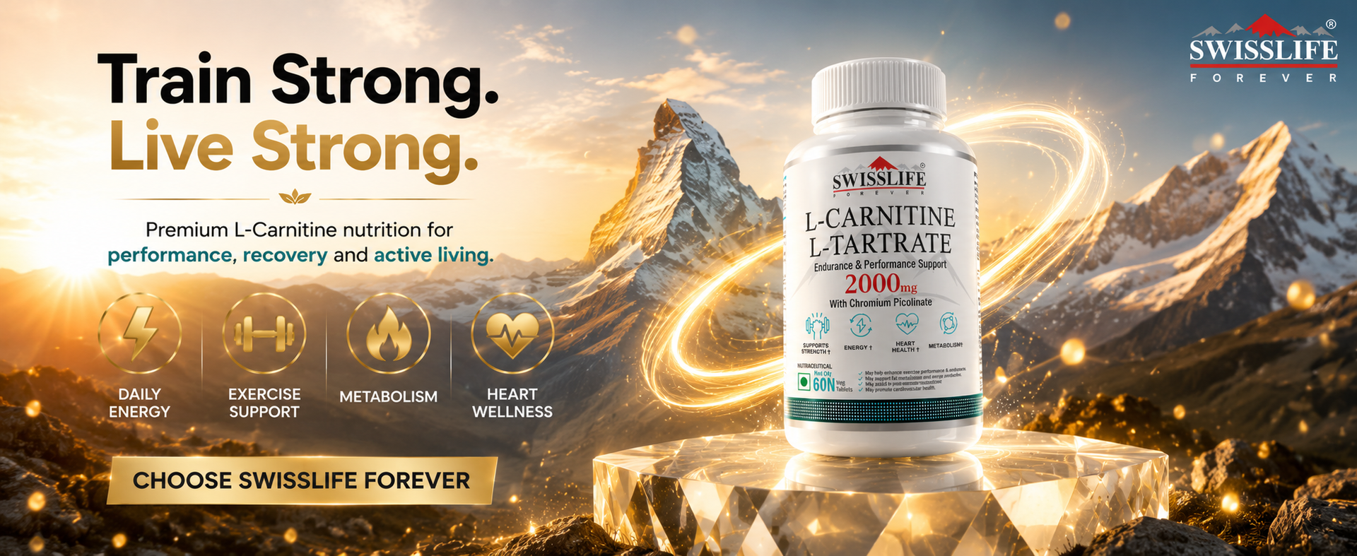 Swisslife Forever | L-Carnitine L-Tartrate 2000mg Tablets for Fat Metabolism & Energy Support | Chromium Picolinate for Weight Management, Endurance & Recovery | 60 Vegan Tablets