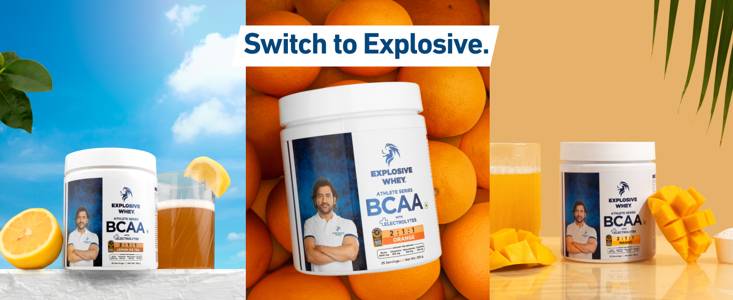 Explosive Whey Athlete Series BCAA - 250g | Trusted By M.S. Dhoni | 5g BCAA (2:1:1 Ratio) + 500mg Glutamine | Enhanced Muscle Recovery & Endurance | Intra workout (250 Gm, Orange)