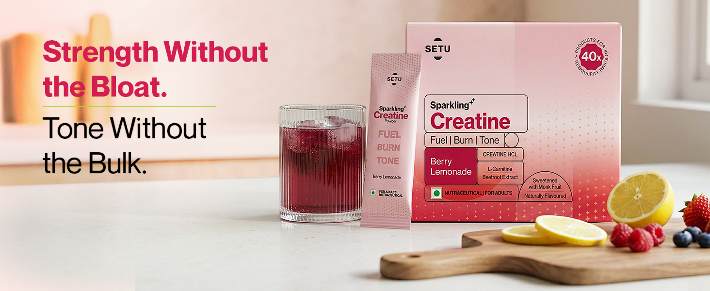 Setu Sparkling Creatine HCL | Effervescent Powder | With L-Carnitine & Beetroot Extract | For Lean Muscles, Stamina & Recovery | Berry Lemonade Flavor | 25 Servings