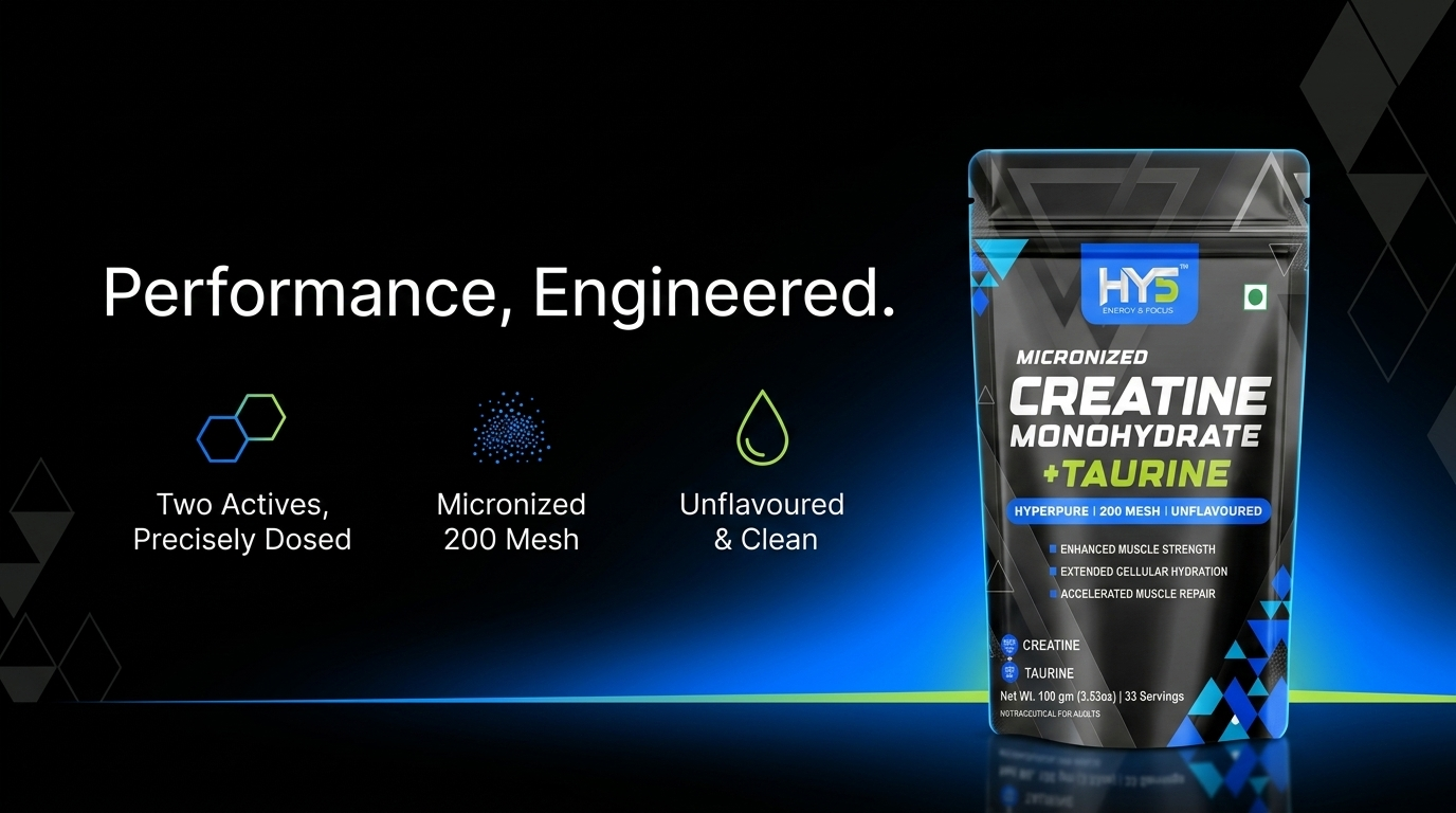 HY5 Micronized Creatine Monohydrate + Taurine Powder 100g | 2.5g Creatine & 500mg Taurine Per Serving | 200 Mesh | Unflavoured | Muscle Strength, Hydration & Recovery | 33 Servings