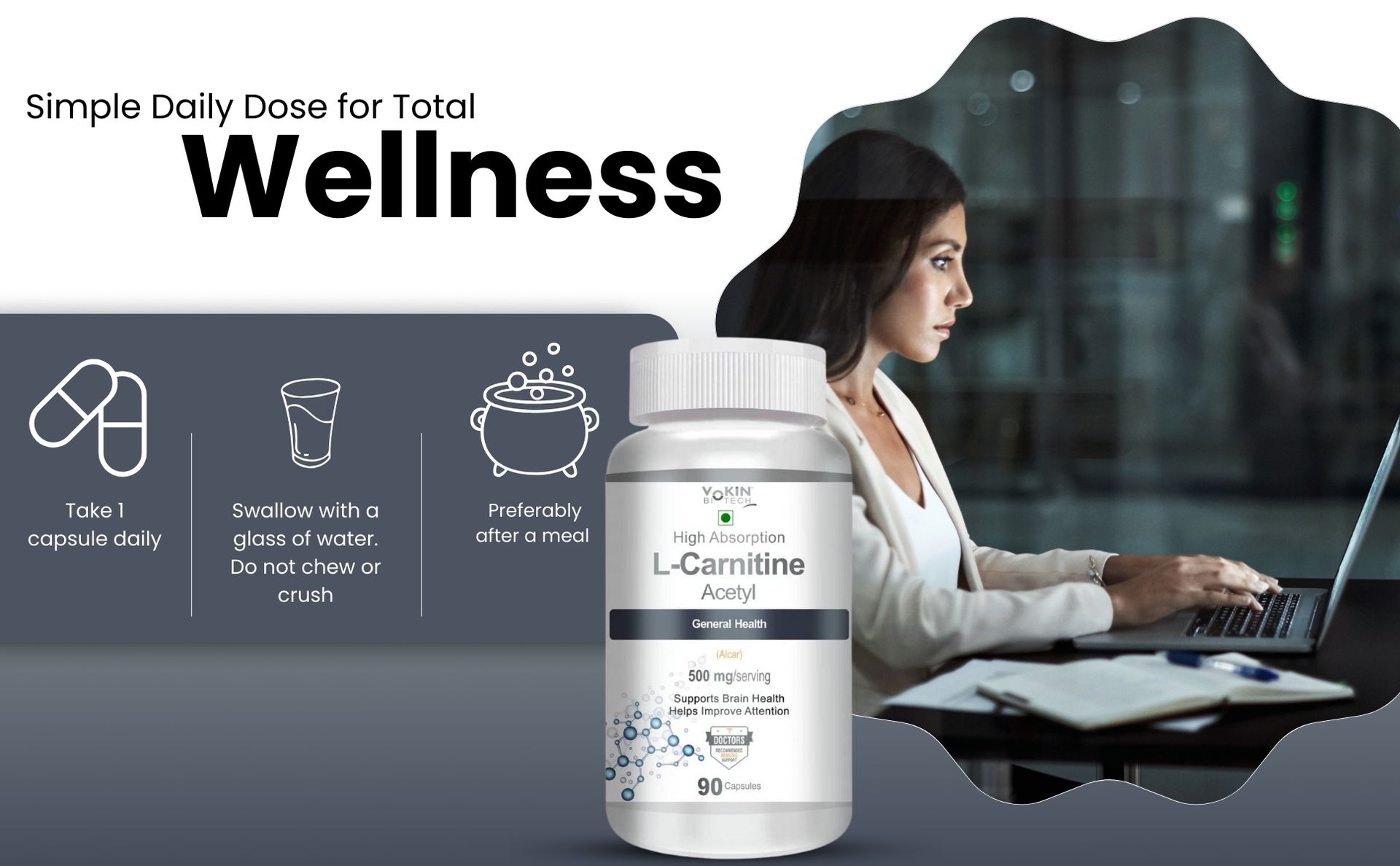 Vokin Biotech L-Carnitine Acetyl (ALCAR)- Support Brain Health- 500 mg – 90 Capsules