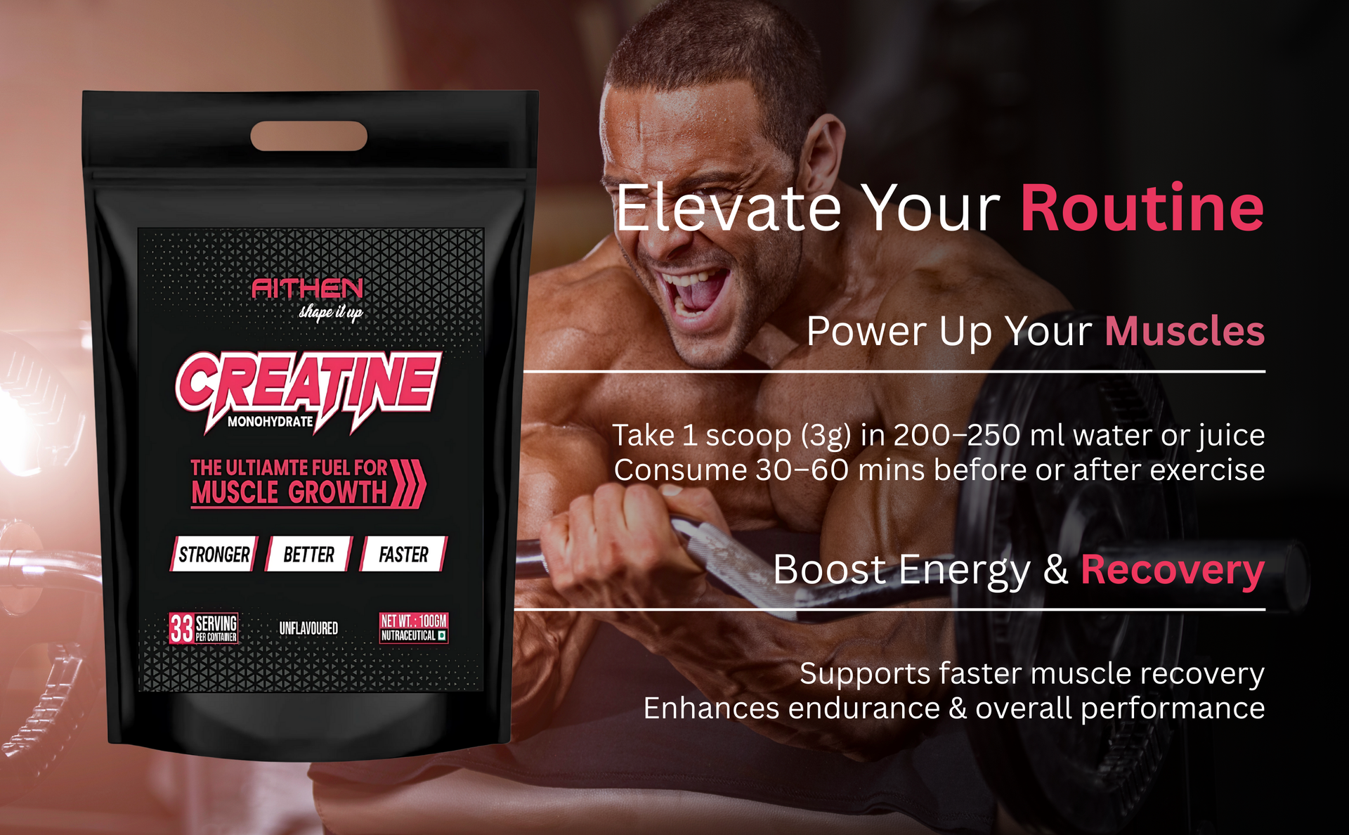 Aithen Creatine Monohydrate Powder 100g (33 Servings) | Unflavoured | Boost Muscle Growth, Strength & Performance | Pre & Post Workout Supplement