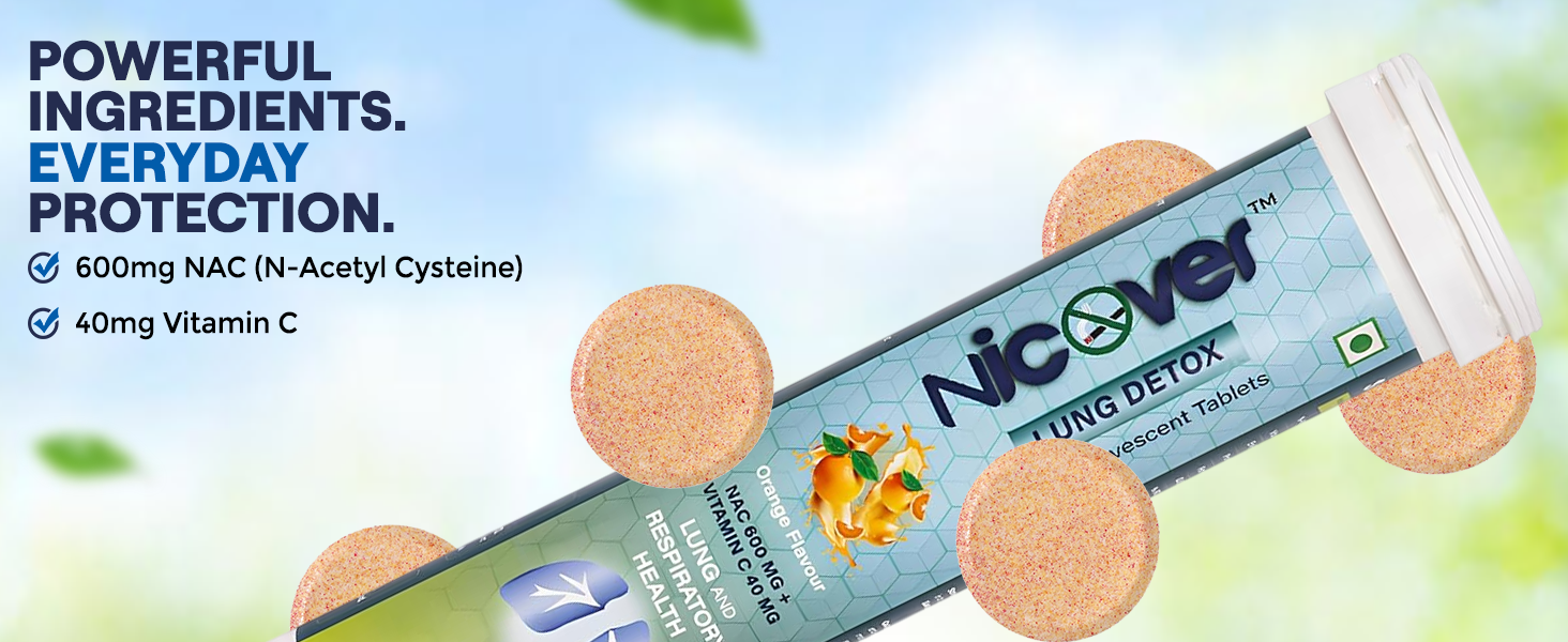 Lung Detox Tablets for Smokers & Pollution – NAC 600mg + Vitamin C Effervescent | Cleanse, Mucus Relief, Respiratory Support | Sugar-Free Orange Flavor | 20 Tablets