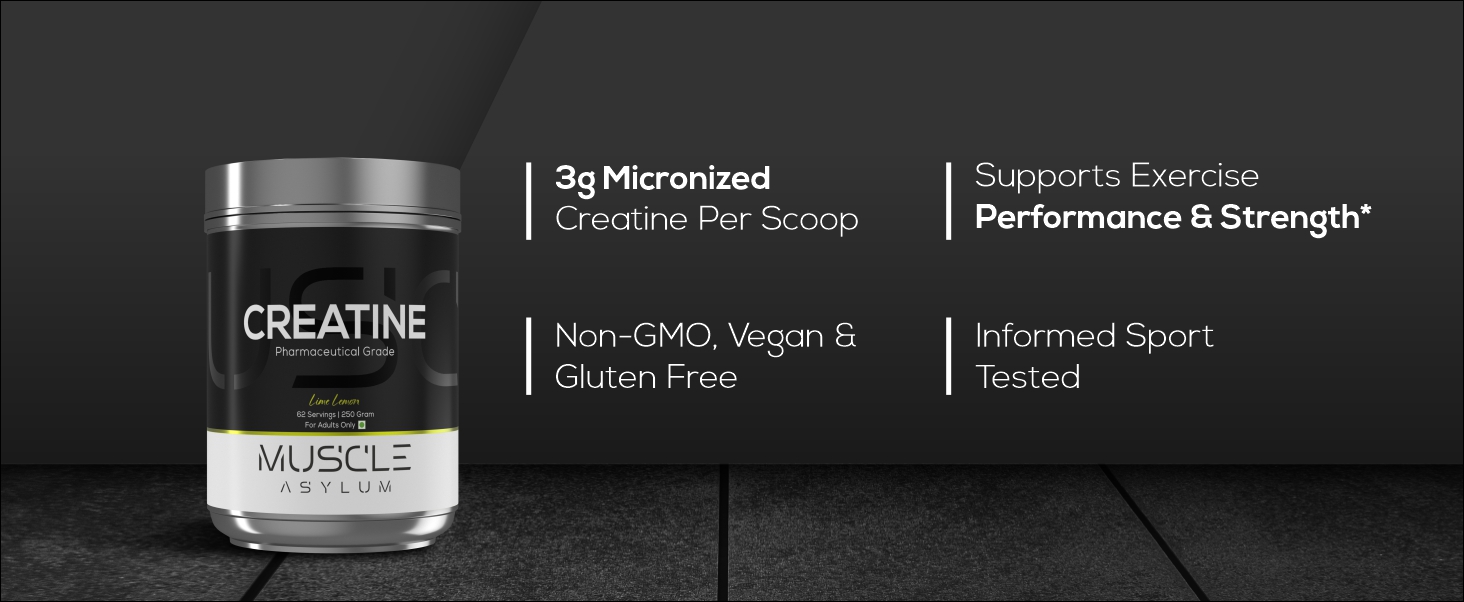 Muscle Asylum Creatine Monohydrate Powder (Unflavoured) – Micronized Creatine, Pre Workout Supplement for Muscle Gain, Strength & Recovery, Pharmaceutical Grade, Gym Supplement for Men & Women – 250g (83 Servings)