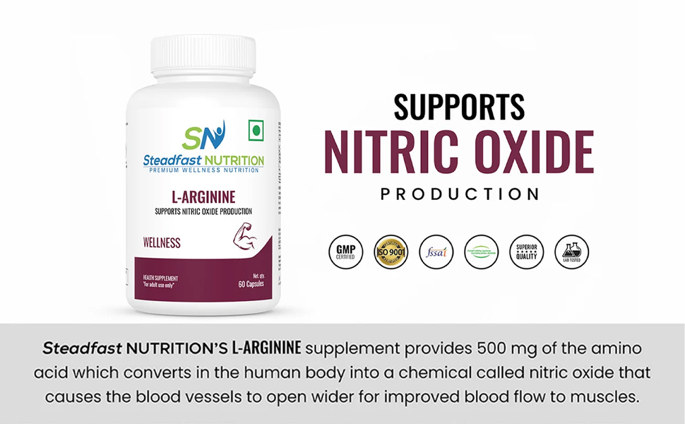 Steadfast Nutrition L- Arginine Supplement 500mg Supports Nitric Oxide Production (60 Capsules)