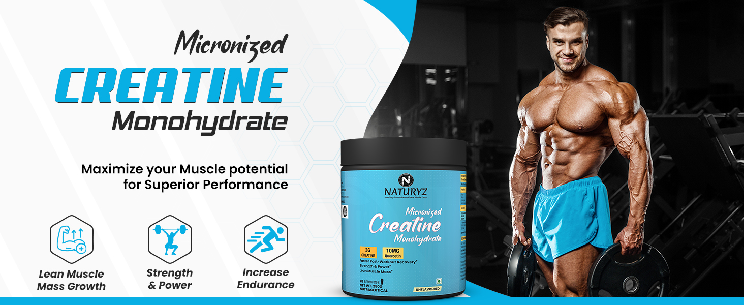 NATURYZ Pure Micronized Creatine Monohydrate | Rapid Absorption | Quercetin | Muscle Strength & Power for Intense Workout | Supports Athletic Performance | Enhances Lean Muscle Volume - 250g(Unflavoured)