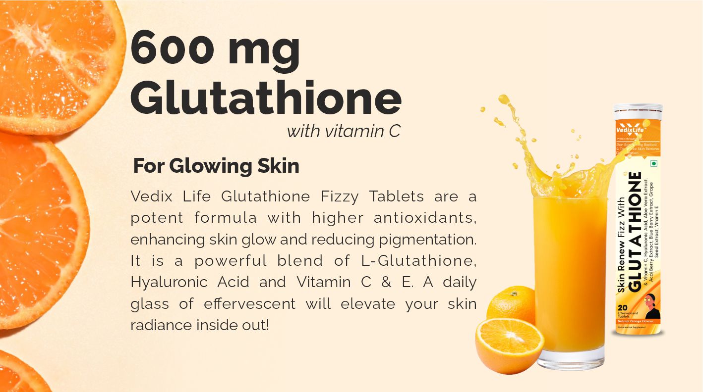 Glutathione Reduced Effervescent Tablets for Glowing Skin | 20 Tablets with 600mg L-Glutathione & Vitamin C | Antioxidant, Skin Glow Supplement for Clear Skin | Orange Flavour (Pack Of 1)