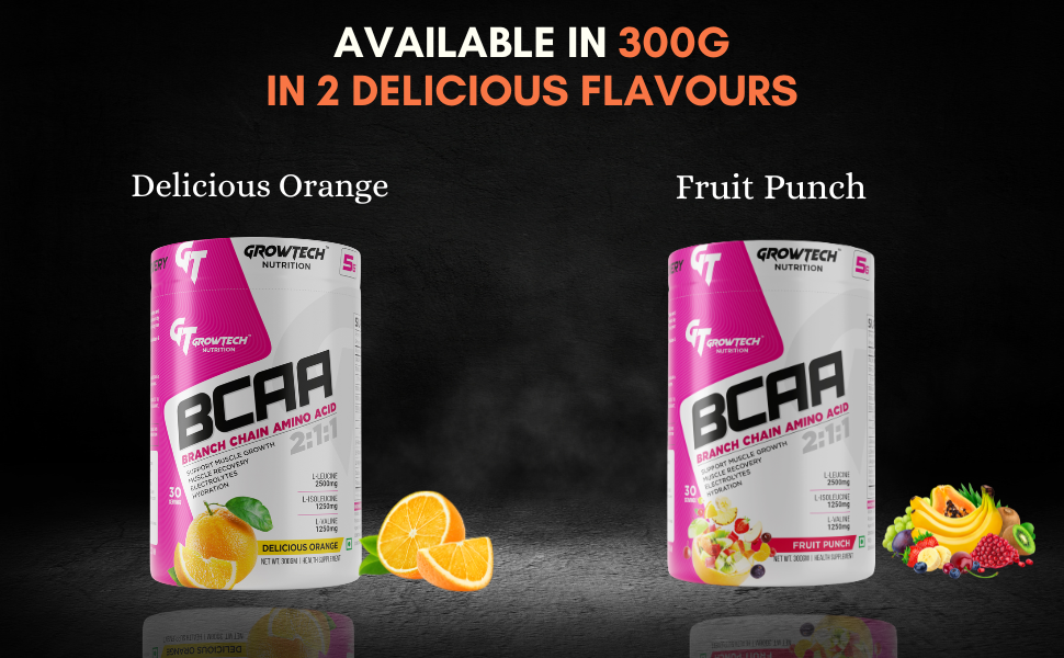 Growtech Nutrition BCAA 300g 2:1:1, 30 Servings with L-Citruiline, L-Arginine, L-Glutamine for Muscle Recovery & Hydration (Delicious Orange)