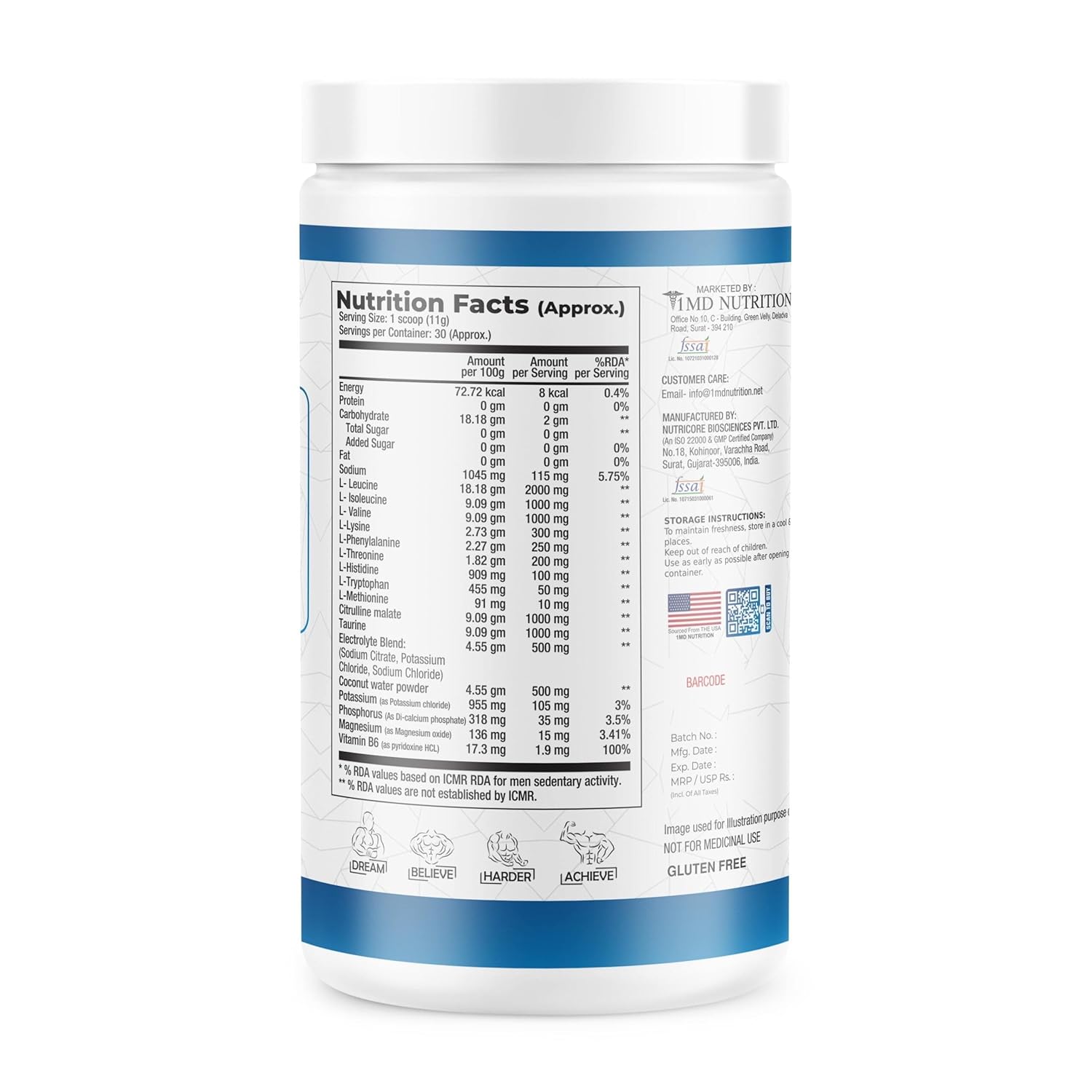 1MD Nutrition | X-CELL BCAAs with EAAs | 4g BCAA, 4.9g EAA, 1g Citrulline, 1g Taurine | 330 gm, 30 Servings (Watermelon)