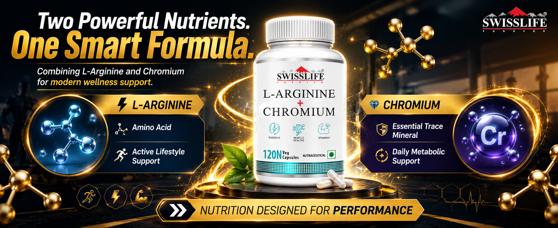 SWISSLIFE FOREVER L-Arginine & Chromium Capsules Supports Metabolism, Blood Sugar Balance & Cardiovascular Health Amino Acid Supplement for Men & Women Pack of 2 (120 Capsules)