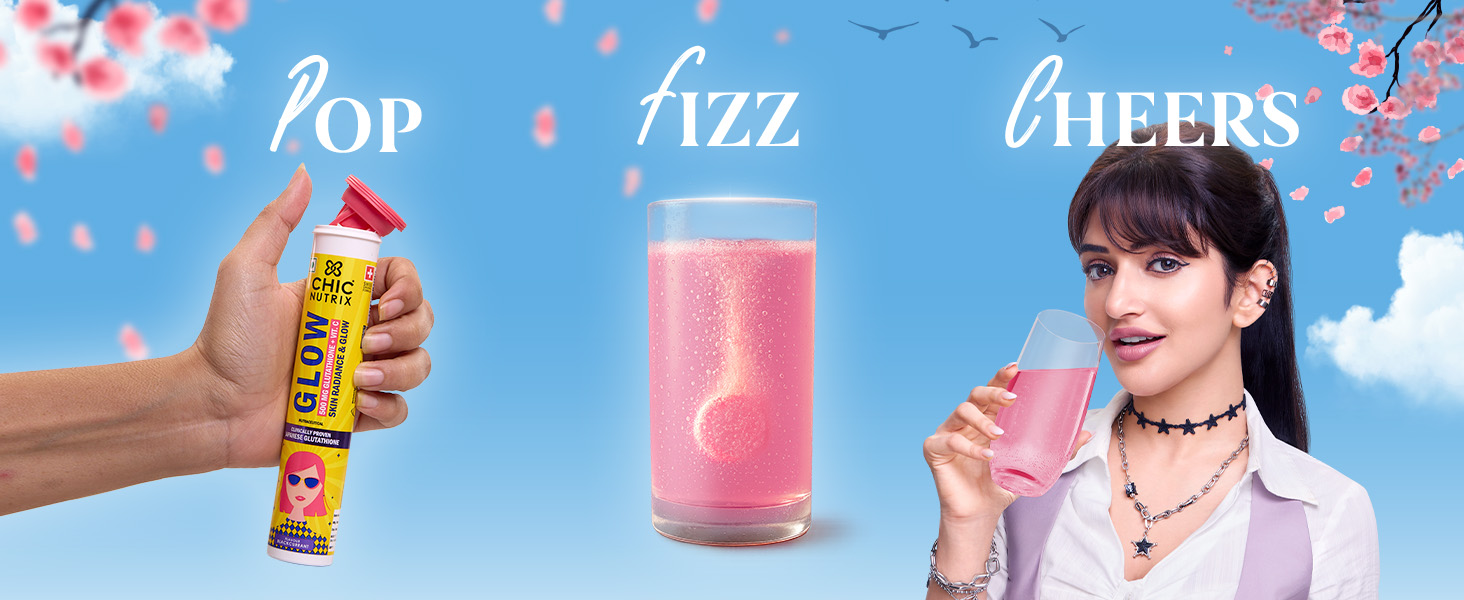 Chicnutrix Glow Glutathione Effervescent Tablets with Vitamin C |Japanese Glutathione 500mg For Radiant, Even-Toned and Glowing Skin | Sugar-Free| Strawberry Lemon Flavour, 10 Tablets (Pack of 2)