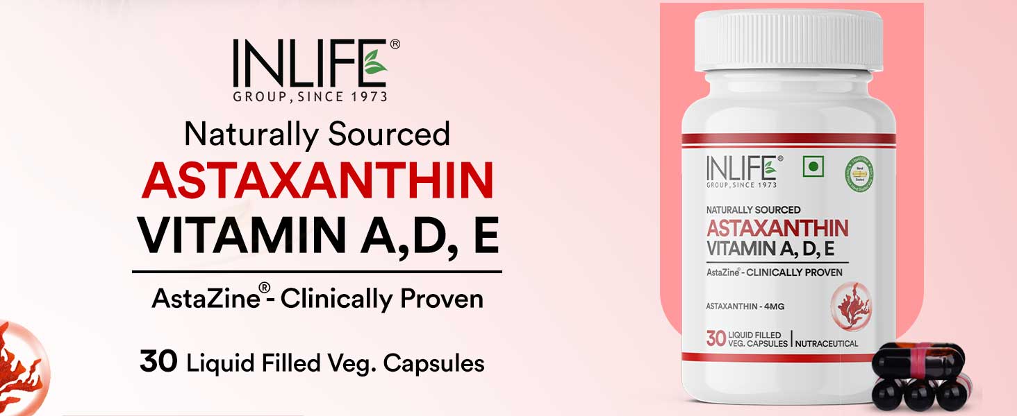 INLIFE Astaxanthin 4mg AstaZine, Vit A D3 E, Eye & Skin Health, 30 Capsules