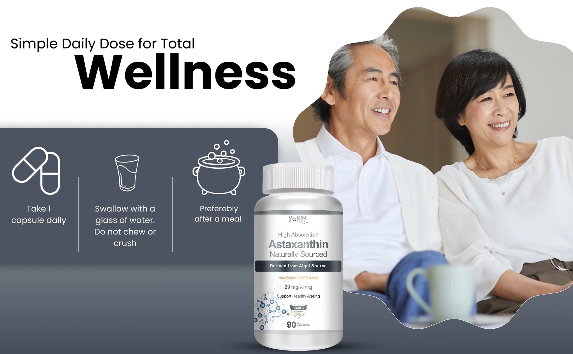 Vokin Biotech Astaxanthin 29mg - Naturally Sourced from Algae - Non-Synthetic - Best or Healthy Ageing - 90 Capsules