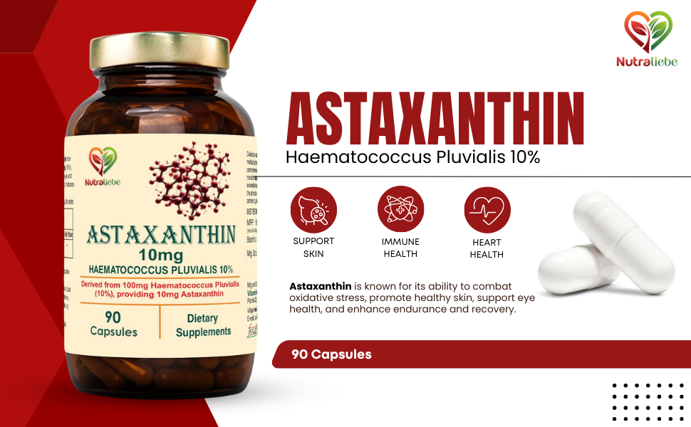 Astaxanthin 10mg Capsules, Derived from Haematococcus Pluvialis 10%, 90 Non-GMO Capsules