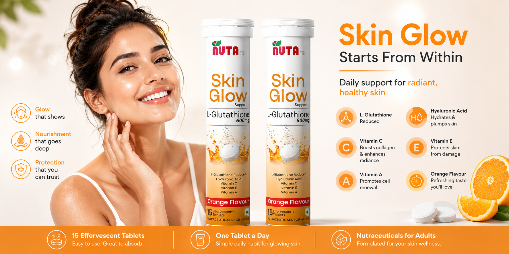 Glutathione Effervescent Tablets | L-Glutathione + Vitamin C for Skin Brightening & Radiance | Orange Flavor | for Men & Women | 15 Tablets