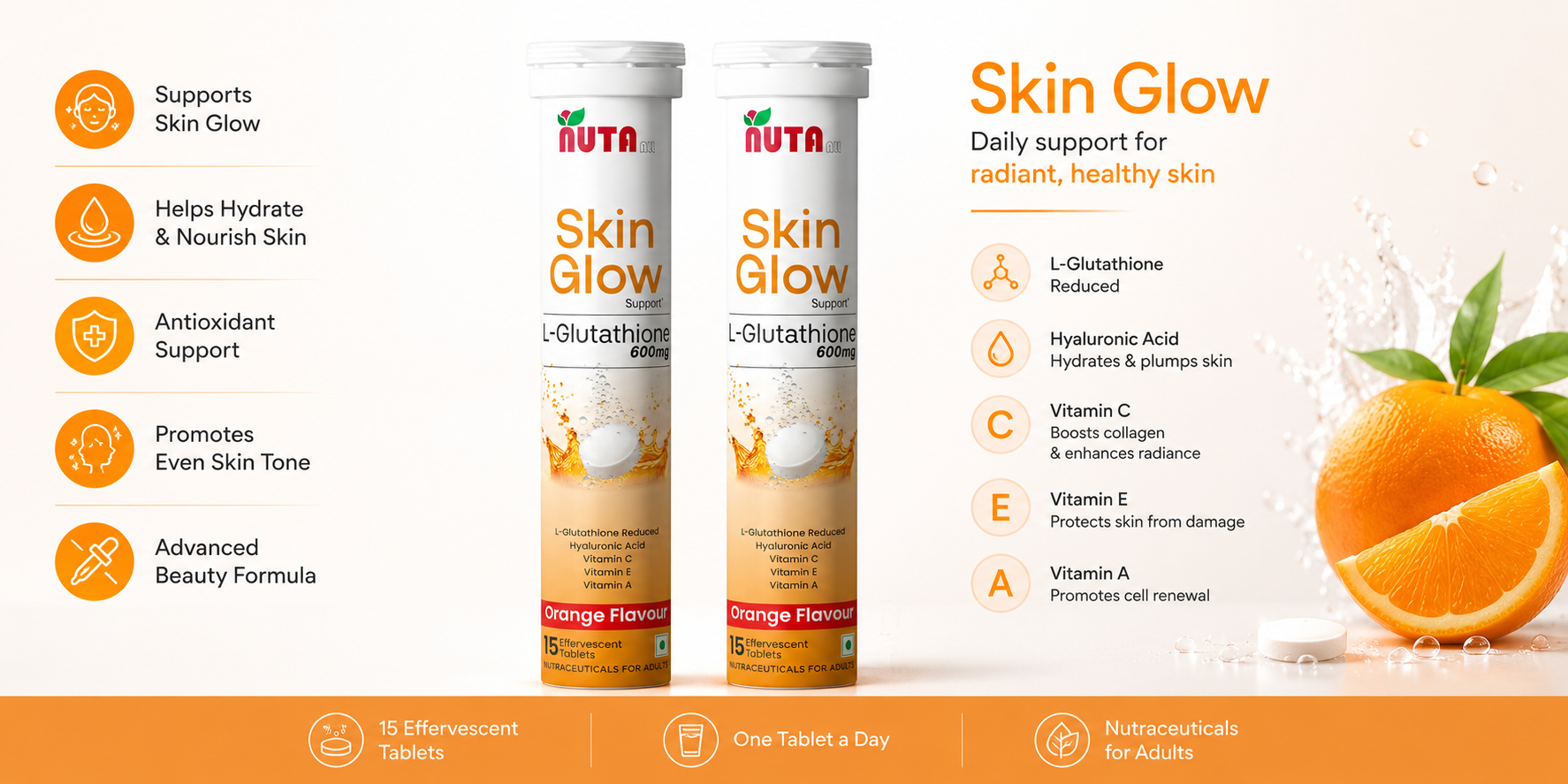 Glutathione Effervescent Tablets | L-Glutathione + Vitamin C for Skin Brightening & Radiance | Orange Flavor | for Men & Women | 15 Tablets