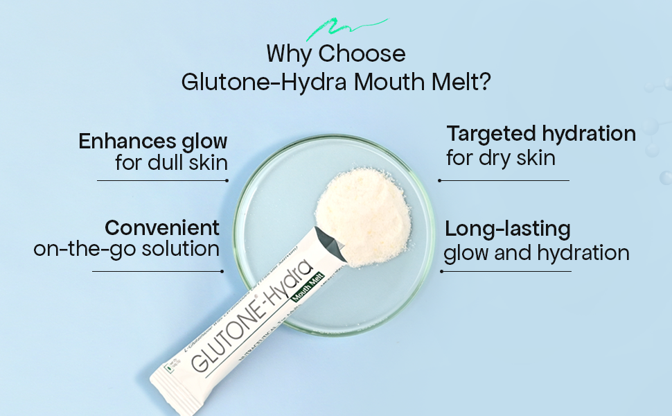Glutone-Hydra Mouth Melt | Setria Glutathione with Ceramosides Mouth Melts for Dry Skin | Glowing Hydrated Skin | Pack of 10 Sachets