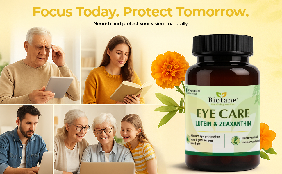Biotane Eye Care with Lutein & Zeaxanthin | Supports Healthy Vision, Reduces Digital Strain & Fatigue From High Screen I Made in technical collaboration with Vitane Pharma, USA – 60 Veg Capsules