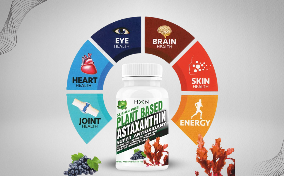 HXN Astaxanthin 6mg Supplement with Grape Seed Extract – Antioxidant Support for Eye Health & Skin Hydration – Plant-Based Formula – 60 Tablets