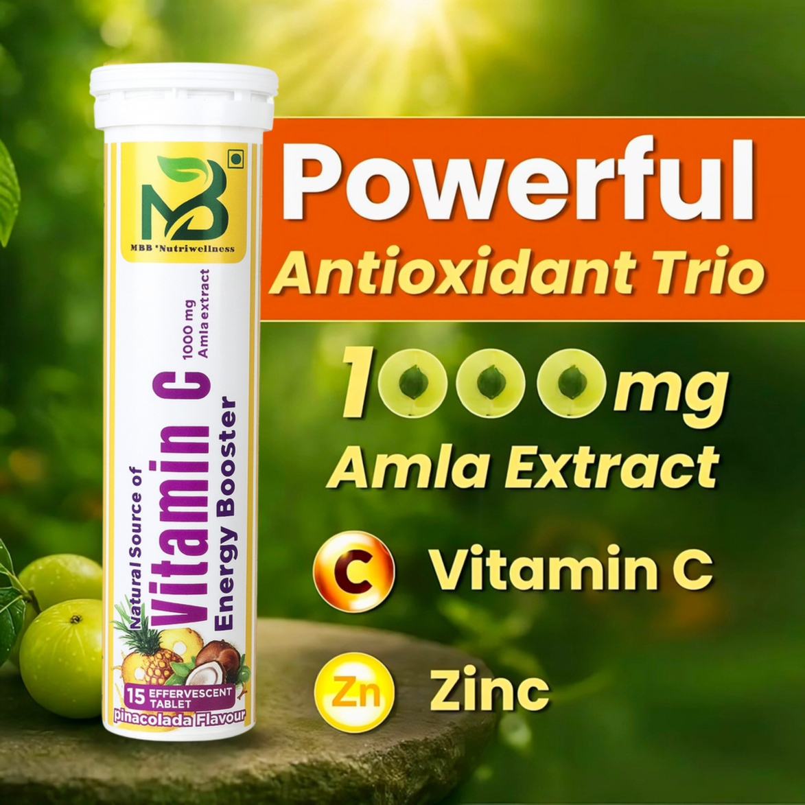 Vitamin C Effervescent Tablets, Pinacolada Flavour with Amla Extract, 1000mg, 15 Tablets (Pack of 1)