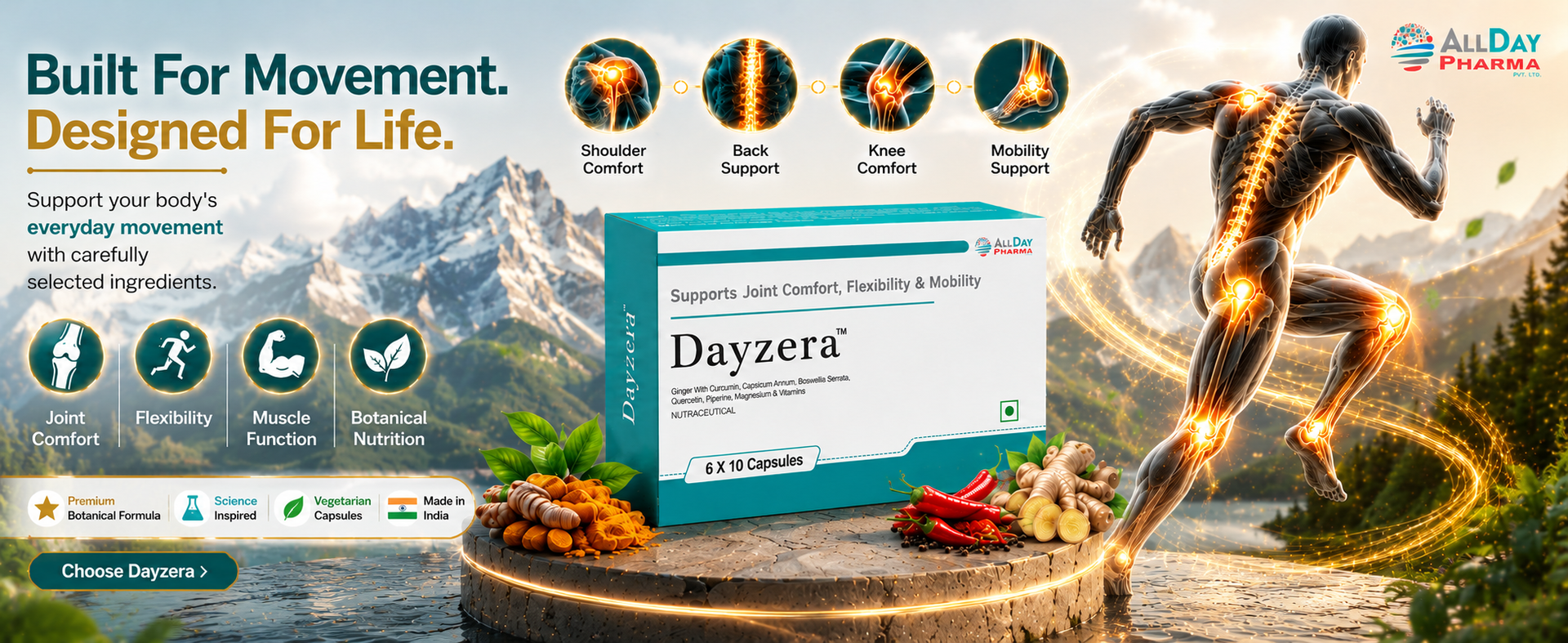 AllDay Pharma Dayzera Capsules Joint Support Supplement for Comfort, Flexibility & Recovery Helps Support Cartilage, Mobility & Bone Health For Men & Women Pack of 1 (60 Capsules)