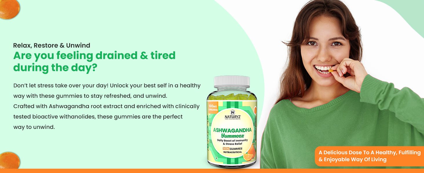 NATURYZ Clinically Researched KSM 66 Ashwagandha 500mg Gummies with Vitamin D3 | Strength, Energy, Immunity, Power & Stamina | Relax, Refresh Mind & Body | No Added Sugar | Gluten-Free, 30 Gummies(Orange Flavour)