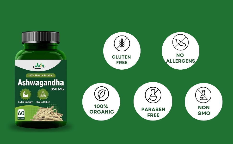 Jain Ashwagandha Tablets 850mg, 60 Count (Pack of 2), Ayurvedic Supplement