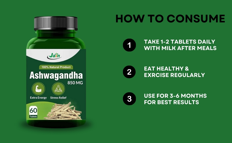 Jain Ashwagandha Tablets 850mg, 60 Count (Pack of 2), Ayurvedic Supplement