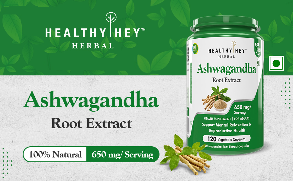 HealthyHey Herbal Ashwagandha root extract - 650 mg per serving - 120 vegetable capsules