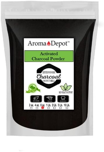 Aroma Depot 8 oz. Coconut Activated Charcoal Powder - Supports Health, Vegan, Non-GMO, No Additives, Food Grade, Teeth Whitening Powder, Charcoal for Facial Scrub, and Soap Making. (8 oz.) 2