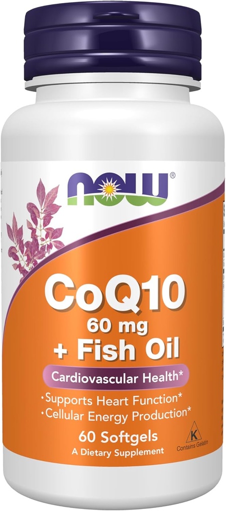 NOW Foods Supplements, CoQ10 60 mg with Omega 3 Fish Oil, Cardiovascular Health*, 60 Softgels