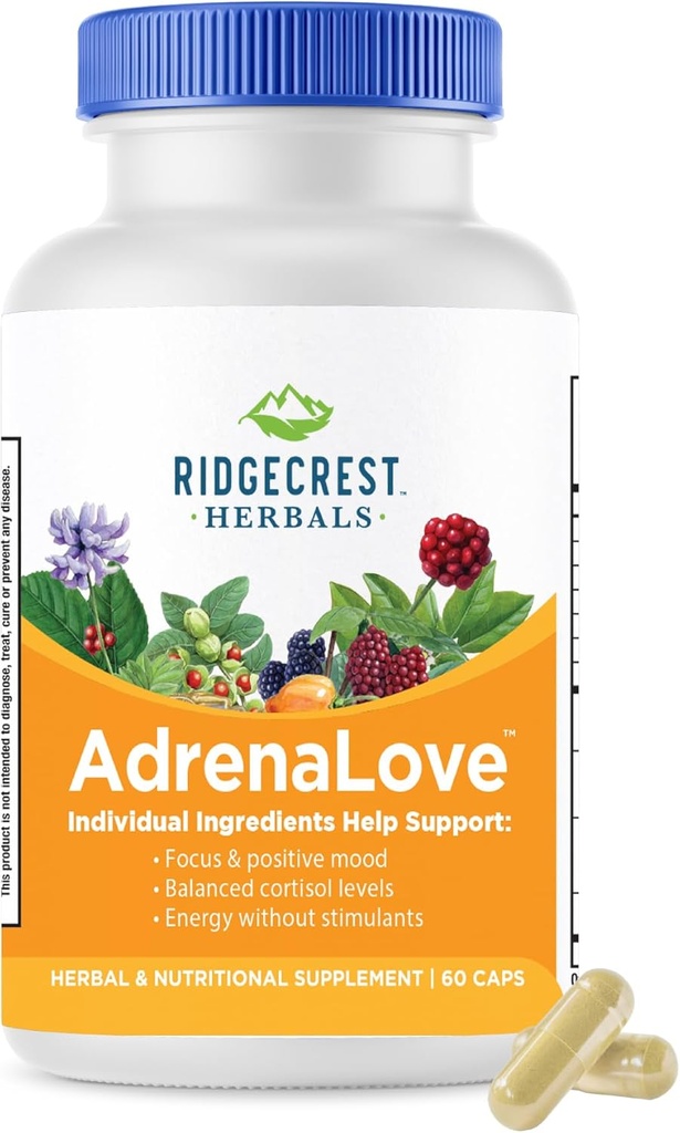 Ridgecrest Herbals AdrenaLove, Stress and Energy Support Supplement with Ashwagandha, L-Theanine, Ginseng, Schisandra, Taurine, Holy Basil, Adaptogens, B Vitamins (60 Vegan Caps, 30 Serv)
