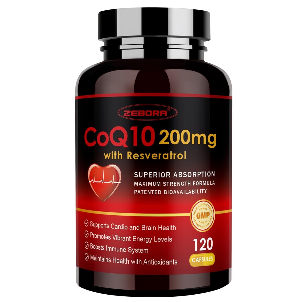 ZEBORA CoQ10-200mg with Trans-Resveratrol, PQQ & Vitamin E - High Absorption Coenzyme-Q10 with BioPerine - Powerful Antioxidant for Heart & Energy-Production,120 Veggie Capsules