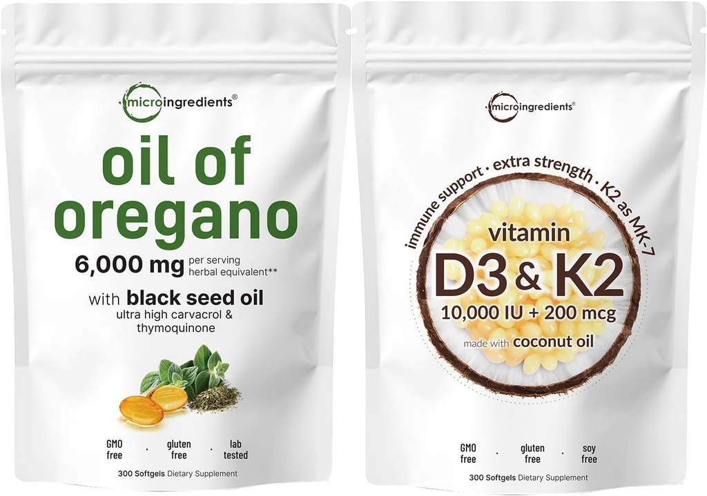 Micro Ingredients Oil of Oregano Softgels 6,000mg Per Serving & Vitamin D3 10,000iu + K2 200mcg Coconut Oil Softgels Bundle 2 Pack | 4X Strength Carvacrol & Thymoquinon | Essential Sunshine Vitamins
