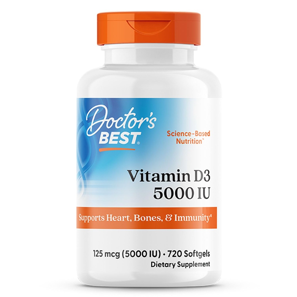 Doctor'S Best Vitamin D3, Capsule 5, 000 Iu for Healthy Bones, Teeth, Heart & Immune Support, Non-GMO, Gluten-Free, Soy Free, 720 Count (Pack of 1)